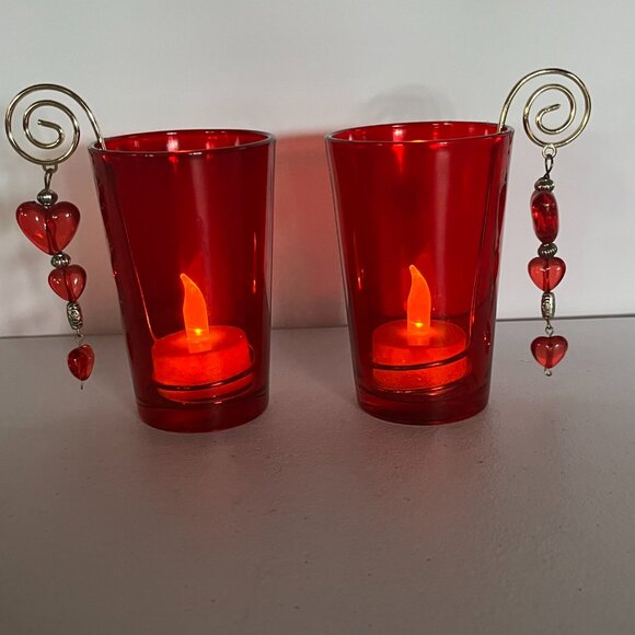 Pair Red Glass Luminary Votive Candle Holder Decorative Hearts Golden Wire Roman - Picture 1 of 17